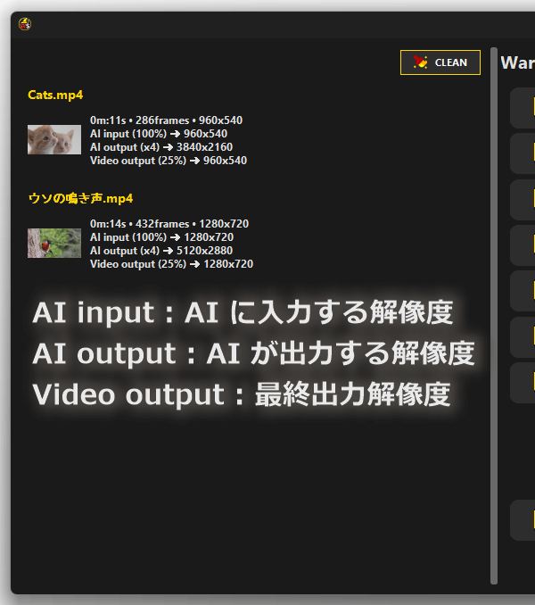 最終的に出力される解像度は、左側の「Video output」欄で確認することができる