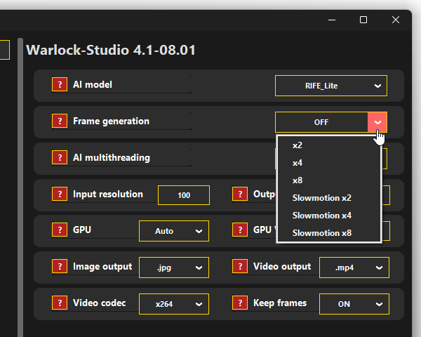 「Frame generation」欄で、フレームレートを何倍にするのかを指定する