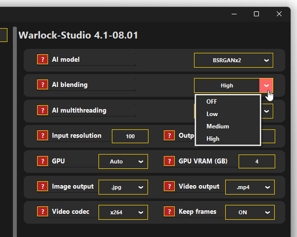 「AI blending」欄で、AI が生成した画像とオリジナル画像のブレンド比率を指定する