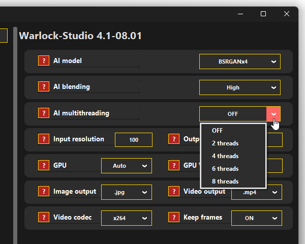 「AI multithreading」欄で、並列処理するフレーム数を指定する