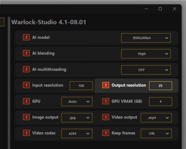 「Output resolution」欄で、出力画像の解像度をパーセンテージ指定する