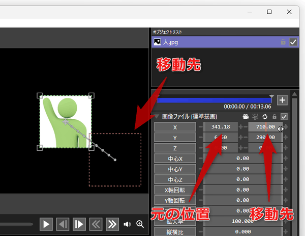 “ オブジェクト表示開始時の位置(左側の値）とオブジェクト表示終了時の位置（右側の値） ” を指定できるようになる