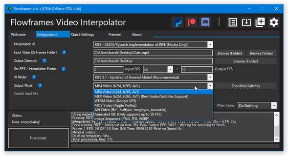 「Output Mode」欄で、出力先のフォーマットを選択する