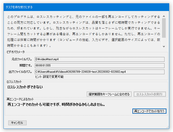 「ロスレスカットができない」と表示されている時は、「再エンコードでカットを行う」ボタンをクリックする