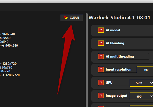 ファイルを間違えて選択してしまった時は、画面上部にある「CLEAN」ボタンをクリックする