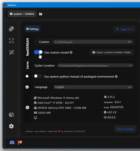 「Use custom model」スイッチを ON にし、右下にある「Save settings」ボタンをクリックする