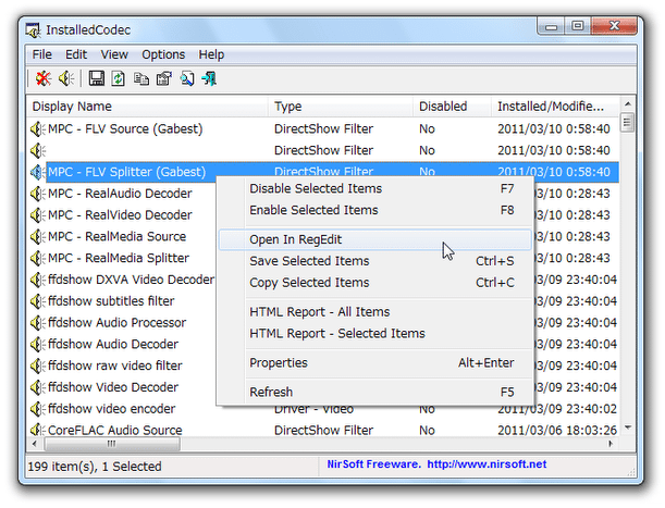 「MPC - FLV Splitter (Gabest) 」を右クリック →「Open In RegEdit」を選択する