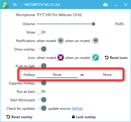 「Hotkey」欄にある「None」をクリックし、マイク入力の ON / OFF に割り当てるホットキーを実際に押す