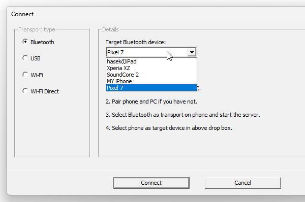 「Target Bluetooth device」欄で接続先の Android デバイスを選択し、下部にある「Connect」ボタンをクリックする