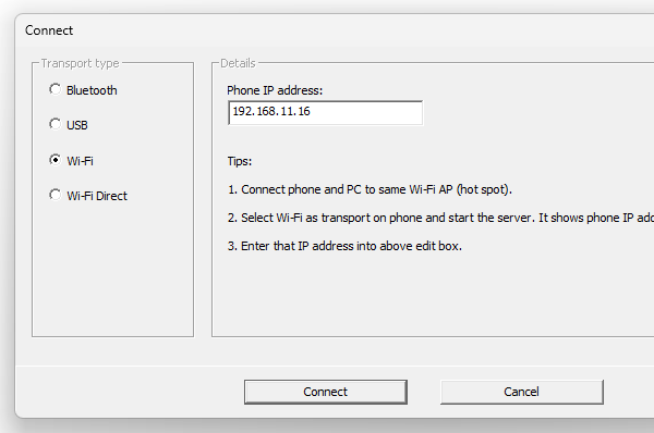 「Phone IP address」欄にスマートフォンの IP アドレスを入力し、下部にある「Connect」ボタンをクリックする
