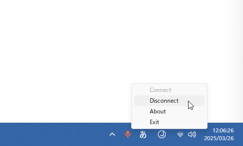 タスクトレイアイコンを右クリックして「Disconnect」を選択する