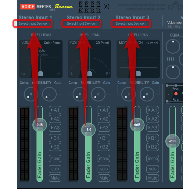 「Stereo Input 1～3」の「Select Input Device」というテキストをクリックする