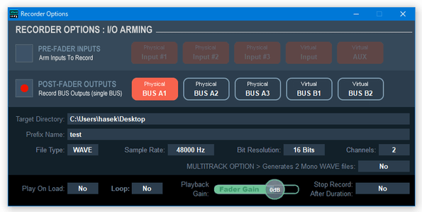 「A1」「A2」「A3」「B1」「B2」から出力される音声を録音したい場合は、「POST-FADER OUTPUTS」を選択