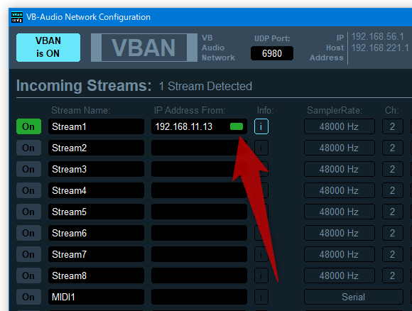 音源受信中は、「IP Address From」欄に緑色のランプが点灯する