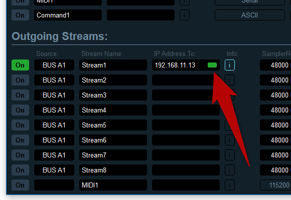 音源送信中は、「IP Address To」欄に緑色のランプが点灯する