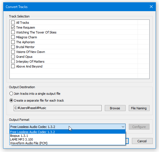 変換先のフォーマット変換は、FLAC / OPUS / OGG / MP3 の中から選ぶことができる