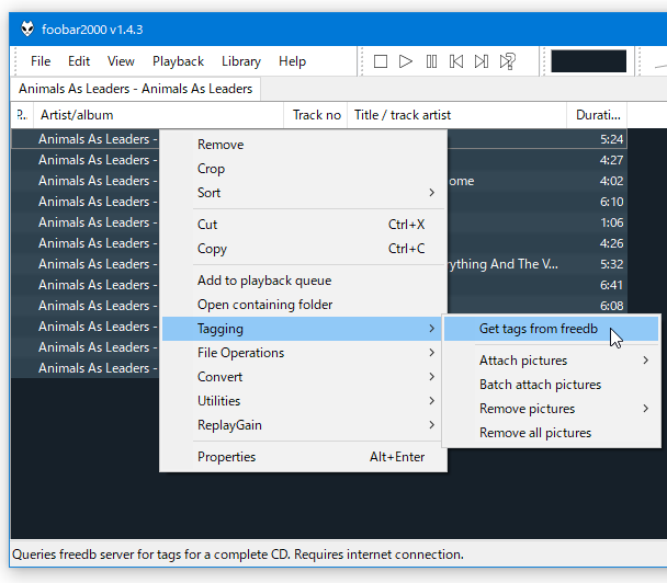 ファイルを右クリック →「Tagging」→「Get tags from freedb」を選択する