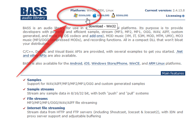 BASS audio library をダウンロード