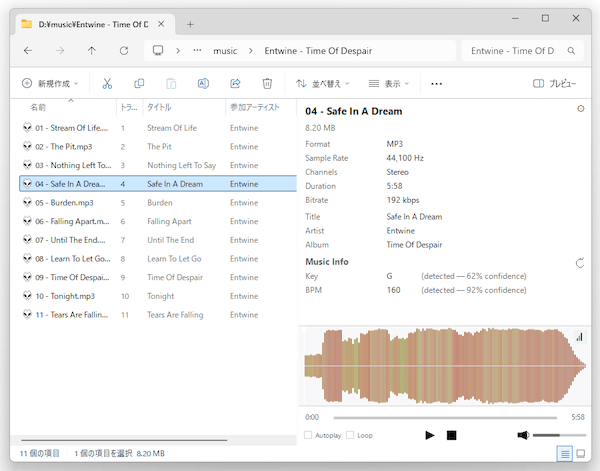 プレビューウインドウ内に、選択ファイルのタグや波形が表示される