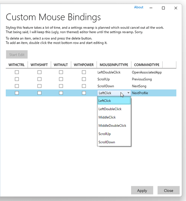 「MOUSEINPUTTYPE」欄にあるプルダウンメニューをクリックし、これから登録するアクションに関連付けるマウス操作を選択する