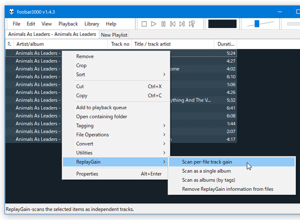 ファイルを右クリック →「Replaygain」→「Scan per-file track gain」を選択する