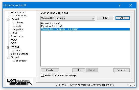 中央のリストに、「Winamp DSP wrapper - no plugin」という項目が追加される