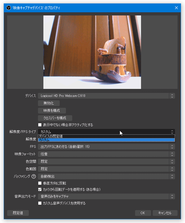 「解像度 / FPS タイプ」欄で「カスタム」を選択すると、解像度や FPS を手動設定できるようになる