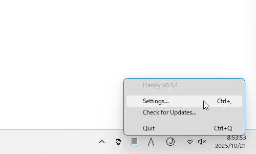 タスクトレイアイコンをクリックして「Settings」を選択する