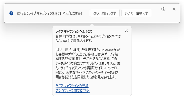 続行してライブキャプションをセットアップしますか？