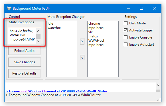 左上の「Mute Exceptions」欄に、除外対象とするプロセスの名前を半角カンマ区切りで入力する