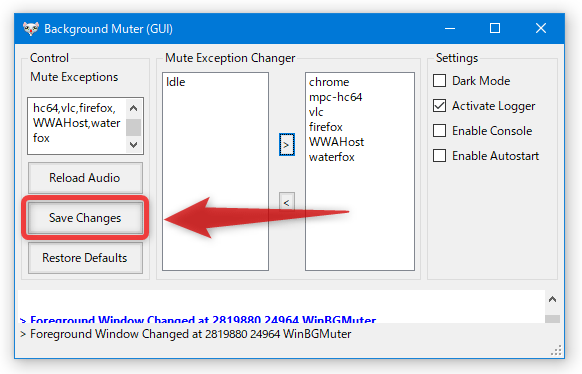 設定内容を保存する時は、左側にある「Save Changes」ボタンをクリックする