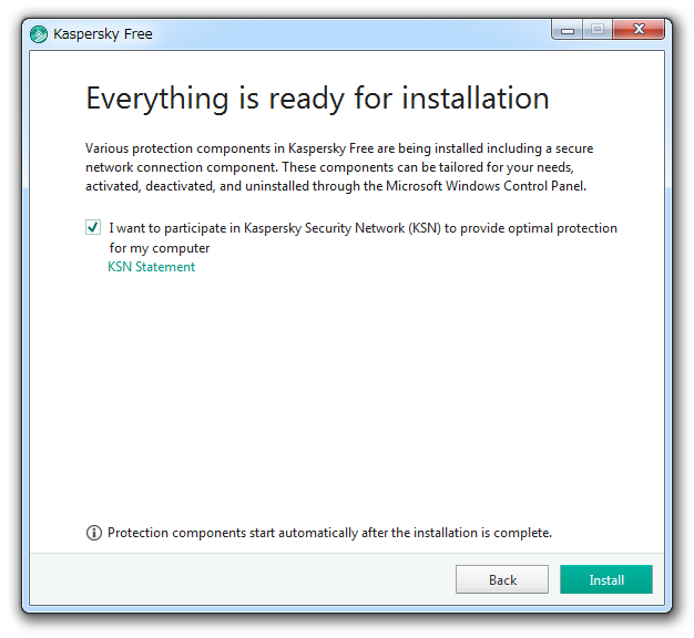 「Kaspersky Security Network （KSN）」に参加するかどうかを問う画面