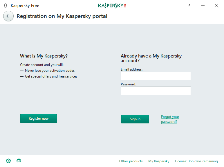 Registration on My Kaspersky portal