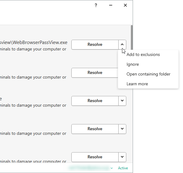 「Resolve」ボタンの右側にある V をクリックして「Add to exclusions」を選択する