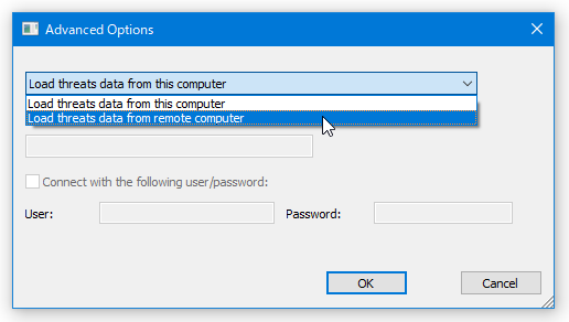 画面上部にあるプルダウンメニューをクリックし、「Load threats data from remote computer」を選択する