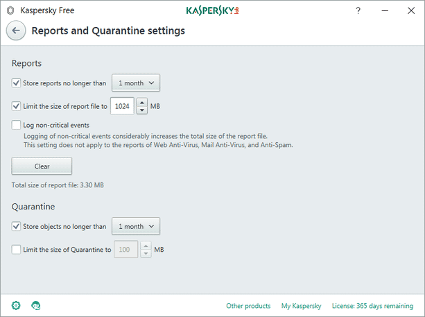 Report and Quarantne settings