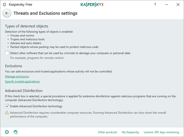 Threats and Exclusions settings
