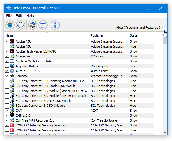 「Hide ( Programs and Fuatures )」にチェックを入れると...