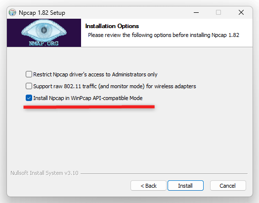 「Install Npcap in WinPcap API-compatible Mode」にチェックを入れておく