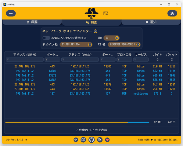 指定したホストやサービスの詳細な通信情報を確認することもできる