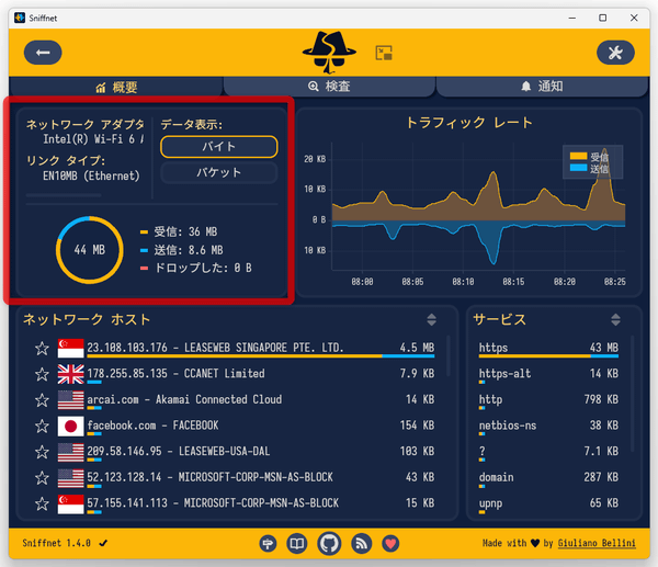 ネットワークアダプター、リンクタイプ、データ表示形式、データ受信量 を確認することができる