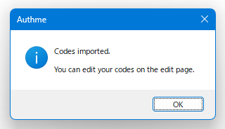Codes imported. You can edit your codes on the edit page.