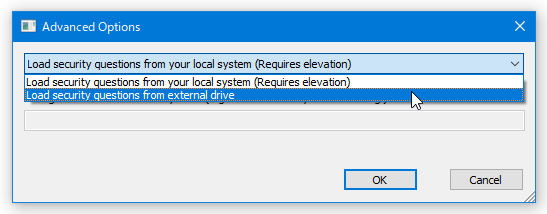 上部のプルダウンメニューをクリックし、「Load security questions from external drive」を選択する