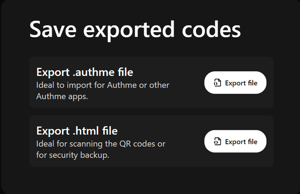 「Export .authme file」「Export .html file」のどちらかを選択する