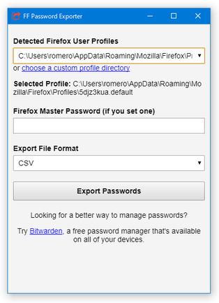 FF Password Exporter スクリーンショット
