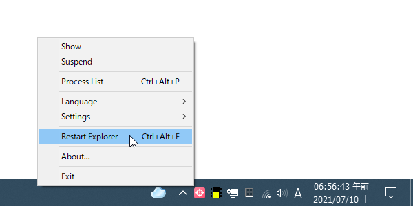 タスクトレイアイコンを右クリックし、「Restart Explorer」を選択する