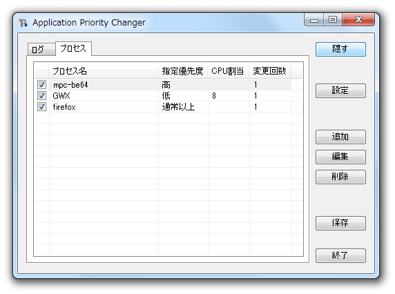 「プロセス」タブ