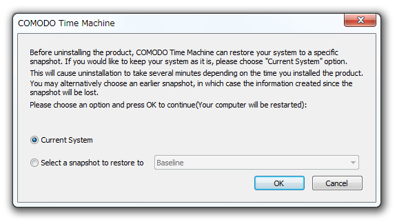 “ 普通にアンインストールする ” のか、“ 指定したスナップショット時点の状態に戻す ” のか を選択できる