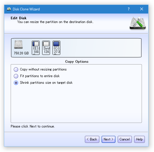 Shrink partitions size on target disk