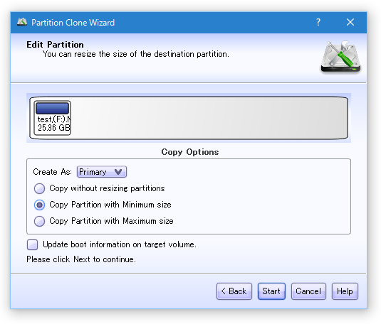 Copy partitions with Minimum size